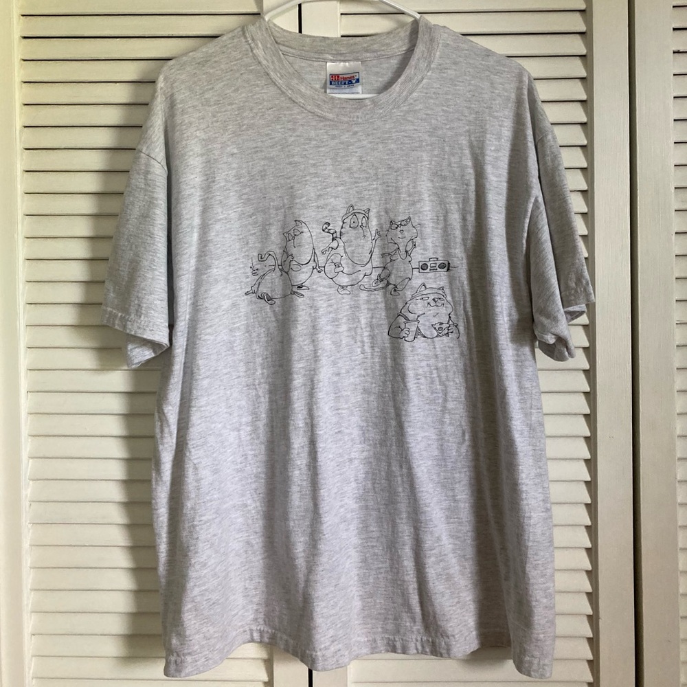 Vintage Hanes Exercising Cats Pizza Break cartoon graphic T-Shirt - Large